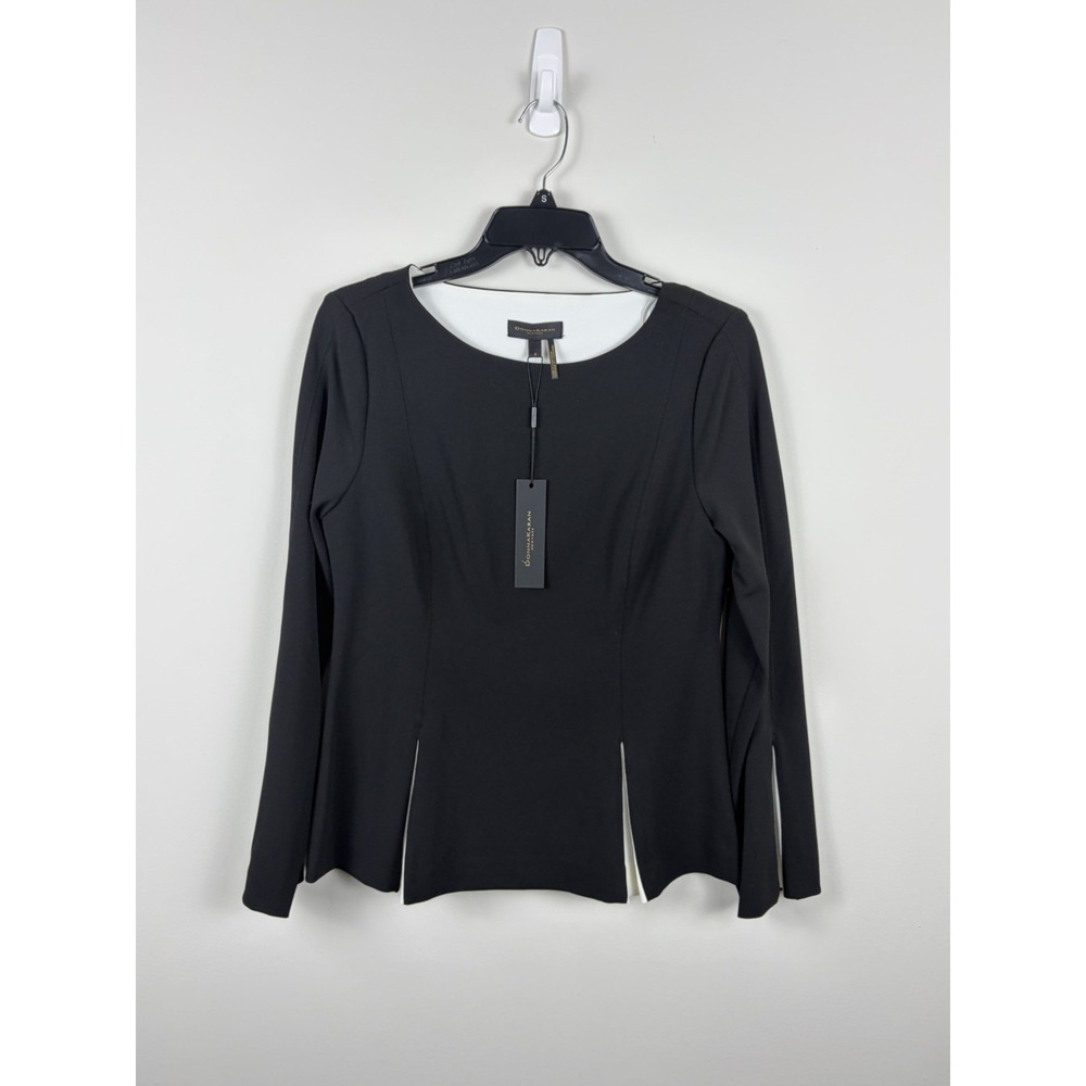 DONNA KARAN Women's Blouse  Black Two Tone Pleated Stretch Crepe NWT SZ Small